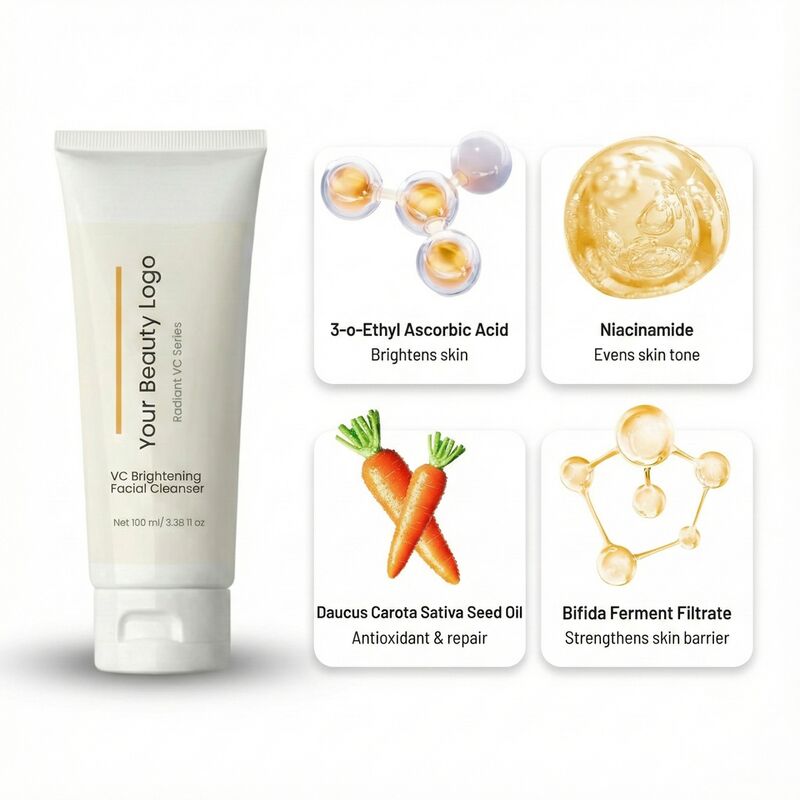 OEM ODM brand customized VC brightening cleanser with mild amino acid formula, containing vitamin C, suitable for dull skin, cleaning, moisturizing, and even skin tone