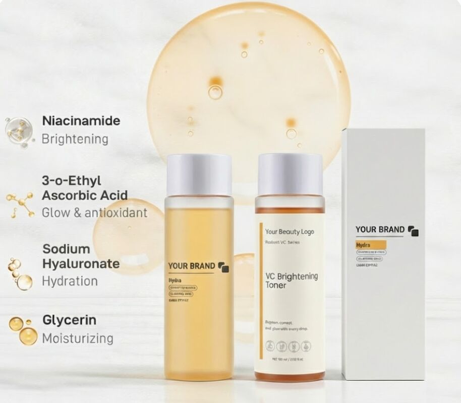 OEM DOM custom toner is a brightening toner suitable for dull skin, gently hydrating, even skin tone, and creating a soft, bright, and radiant glow.