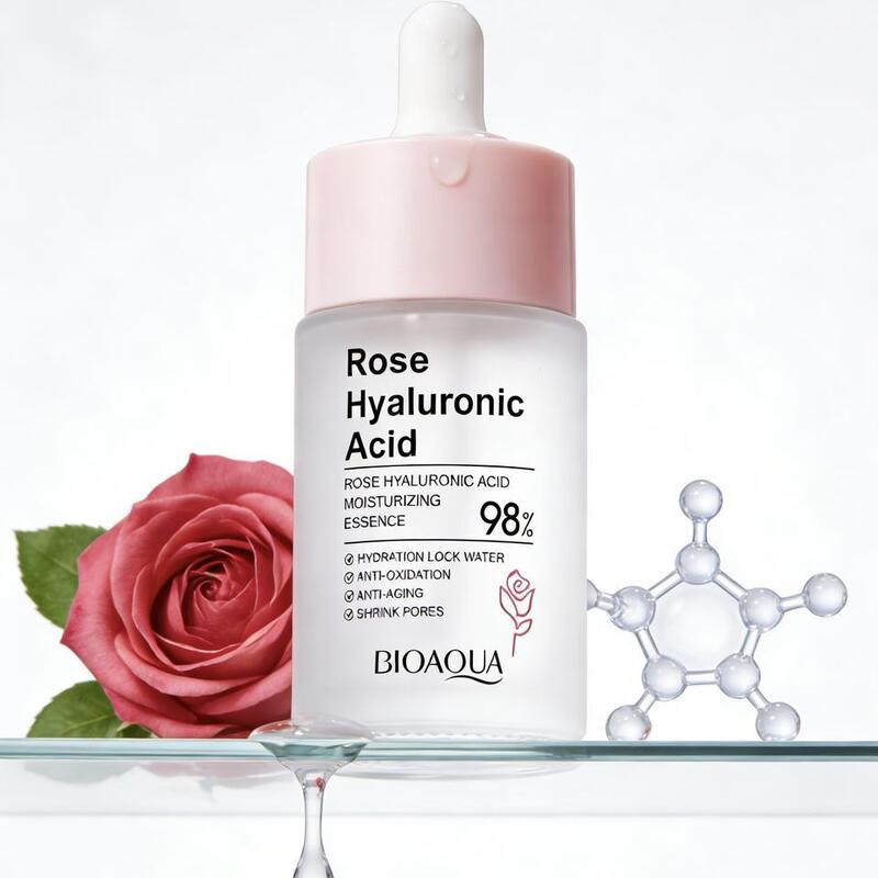 OEM ODM own brand pure natural rose face essence liquid, containing hyaluronic acid and glycerin, pore shrinking moisturizing serum