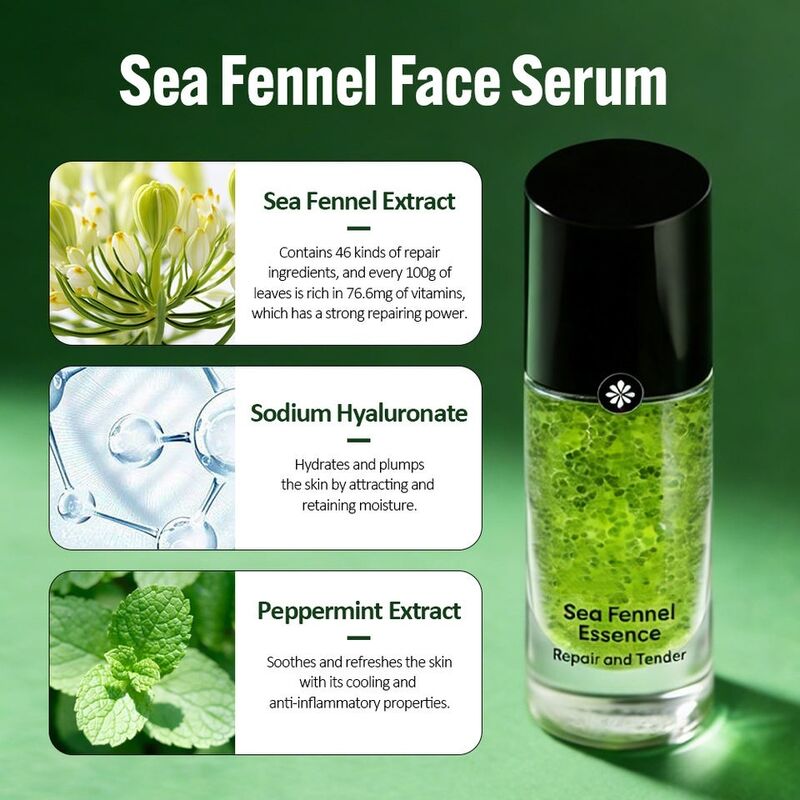 OEM ODM brand customized beauty moisturizing anti-aging sea fennel hyaluronic acid antioxidant facial essence liquid with massage roller