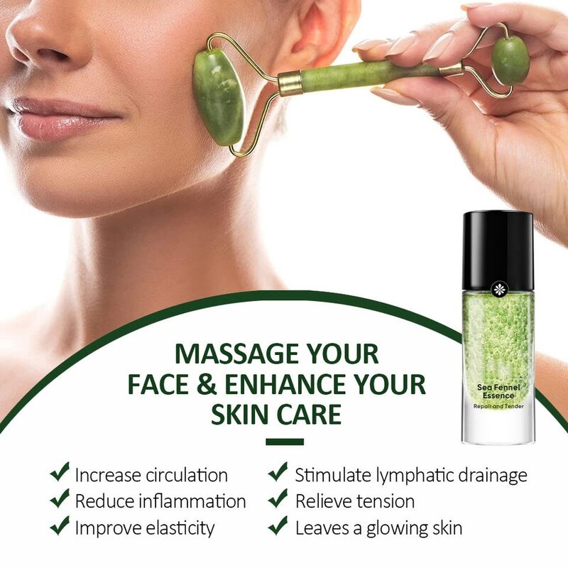 OEM ODM brand customized beauty moisturizing anti-aging sea fennel hyaluronic acid antioxidant facial essence liquid with massage roller
