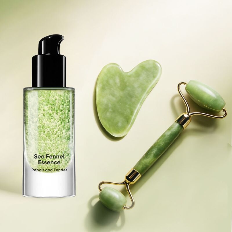 OEM ODM brand customized beauty moisturizing anti-aging sea fennel hyaluronic acid antioxidant facial essence liquid with massage roller