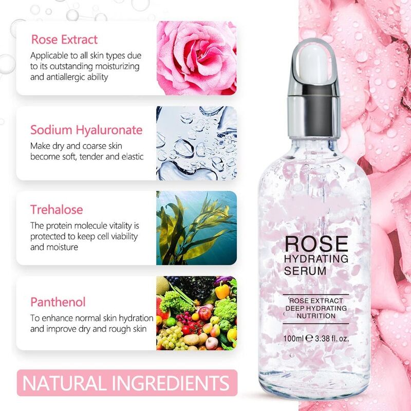OEM ODM brand organic rose petals hyaluronic acid liquid facial essence for skin care, whitening and anti-aging