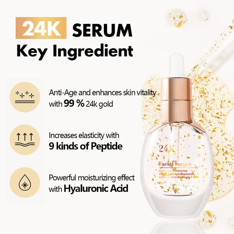 OEM ODM Brand 24K Gold Essence Hyaluronic Acid 30ml Anti-Aging Anti-Wrinkle Hydrating Brightening Facial Serum