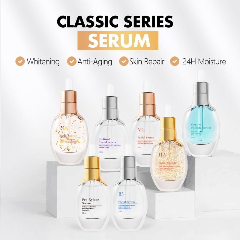 OEM ODM Brand 24K Gold Essence Hyaluronic Acid 30ml Anti-Aging Anti-Wrinkle Hydrating Brightening Facial Serum