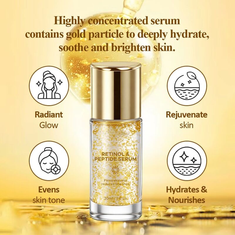 OEM ODM Brand Natural Facial Essence Gold Particle Retinol Peptide Anti-Wrinkle Firming Brightening Peptide Serum Skincare Product