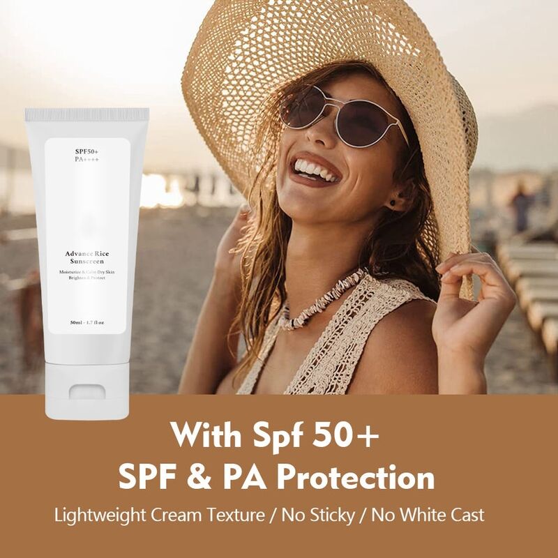 OEM ODM brand customized organic Korean UV sunscreen SPF 50 instant whitening and relieving rice sunscreen vegetarian 50ml protection