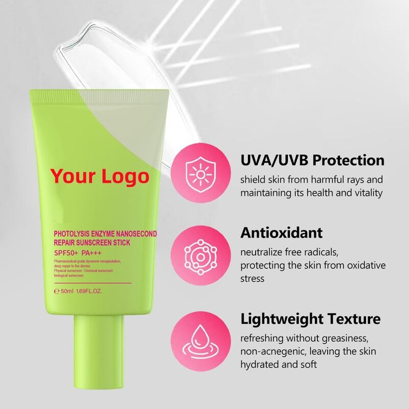OEM ODM Korean brand customized vegan photolytic enzyme nanosecond repair facial and body sunscreen SPF 50 UVA UVB sunscreen