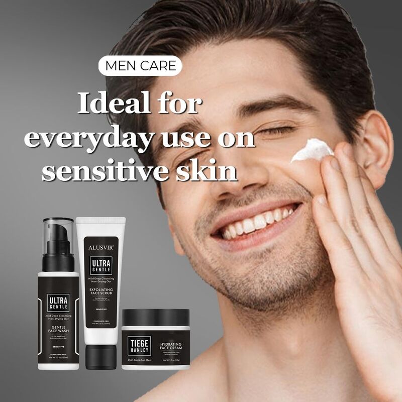 OEM ODM brand customized men's sensitive skin essence aloe herbal pure alcohol free organic anti-aging repair moisturizing face cream gentle cleanser