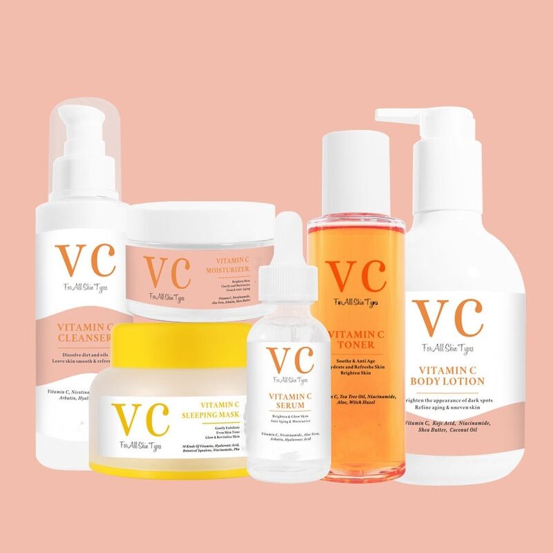 OEM ODM Skincare Set Private Label Vitamin C Brightening Glow VC Facial Cleanser Cream Body Wash Sleeping Mask Skincare Kit
