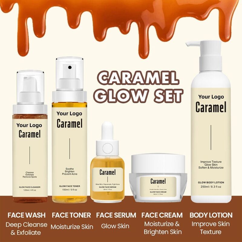OEM ODM Korean brand natural skin care set vegetarian foaming facial cleanser toner caramel acne face cream skin exfoliating and brightening essence serum