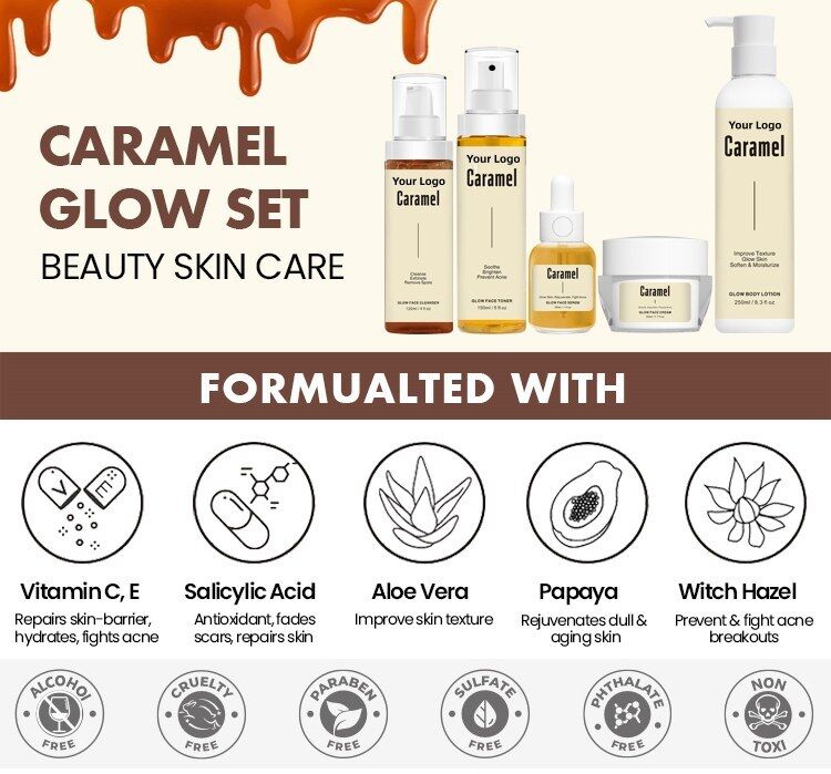 OEM ODM Korean brand natural skin care set vegetarian foaming facial cleanser toner caramel acne face cream skin exfoliating and brightening essence serum