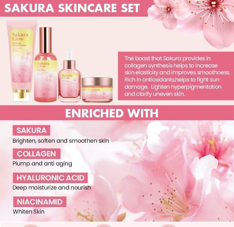 OEM ODM brand high-quality organic skin care set Deep cleaning and moisturizing toner brightening cherry blossom face cream serum