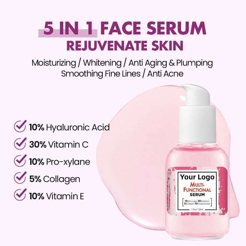 OEM DOM brand 5 in 1 multifunctional skin care essence product contains hyaluronic acid, vitamin C, whitening, anti-aging and anti wrinkle serum essence