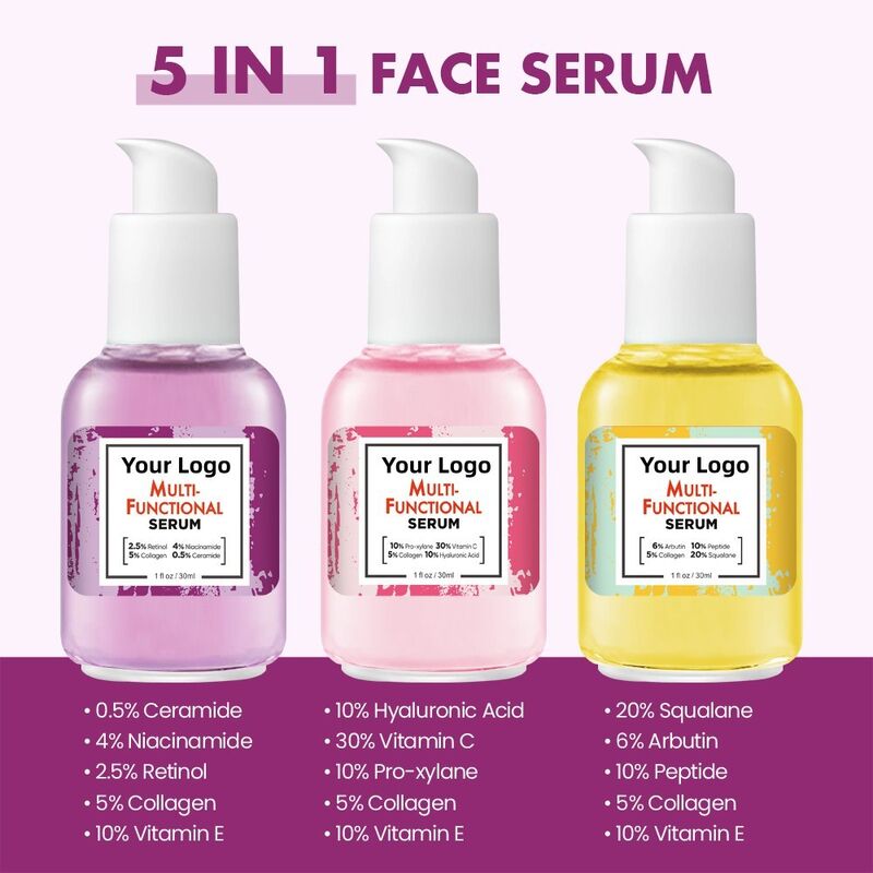 OEM DOM brand 5 in 1 multifunctional skin care essence product contains hyaluronic acid, vitamin C, whitening, anti-aging and anti wrinkle serum essence