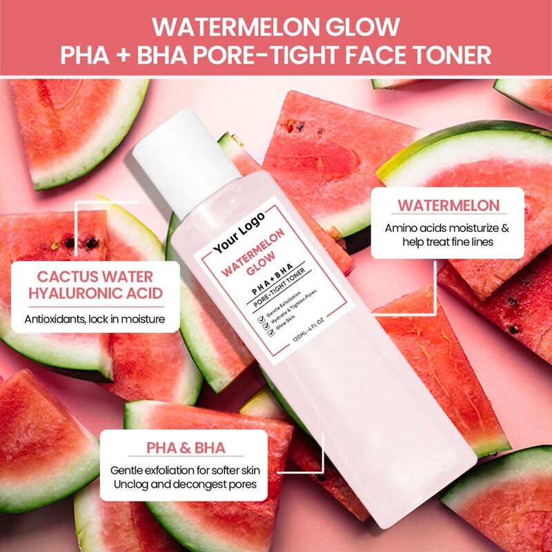 OEM ODM brand cosmetics facial toner skin care exfoliating pore firming watermelon PHA AHA glow facial essence toner