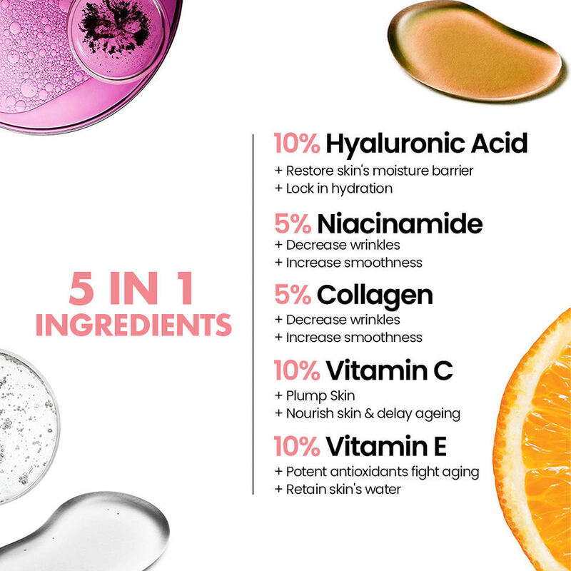 OEM ODM skin care five in one essence natural 30% vitamin C whitening hyaluronic acid anti-aging facial essence niacinamide collagen facial essence