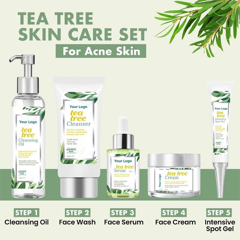 OEM ODM Own Brand Organic Skin Care Set Anti Acne foam Facial Cleanser Whitening Mineral Adult Skin essence Serum Tea Tree face cream